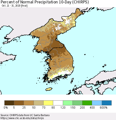 Korea Percent of Normal Precipitation 10-Day (CHIRPS) Thematic Map For 10/21/2020 - 10/31/2020