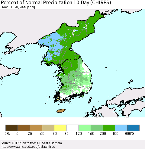 Korea Percent of Normal Precipitation 10-Day (CHIRPS) Thematic Map For 11/11/2020 - 11/20/2020