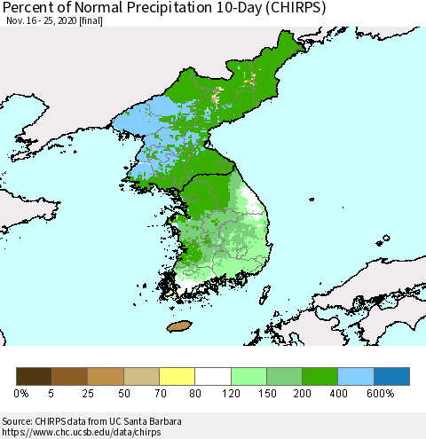 Korea Percent of Normal Precipitation 10-Day (CHIRPS) Thematic Map For 11/16/2020 - 11/25/2020