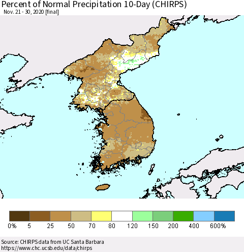 Korea Percent of Normal Precipitation 10-Day (CHIRPS) Thematic Map For 11/21/2020 - 11/30/2020