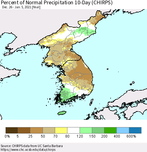 Korea Percent of Normal Precipitation 10-Day (CHIRPS) Thematic Map For 12/26/2020 - 1/5/2021