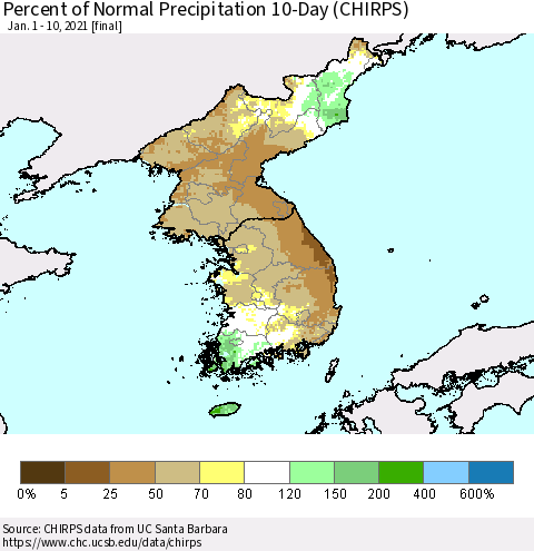 Korea Percent of Normal Precipitation 10-Day (CHIRPS) Thematic Map For 1/1/2021 - 1/10/2021