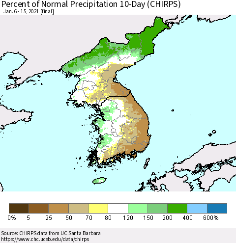 Korea Percent of Normal Precipitation 10-Day (CHIRPS) Thematic Map For 1/6/2021 - 1/15/2021