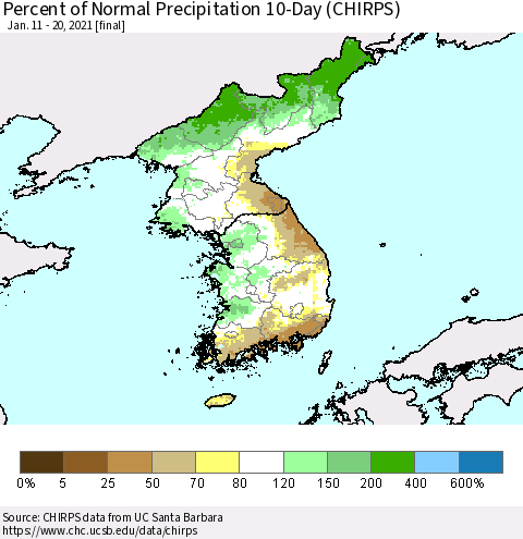 Korea Percent of Normal Precipitation 10-Day (CHIRPS) Thematic Map For 1/11/2021 - 1/20/2021
