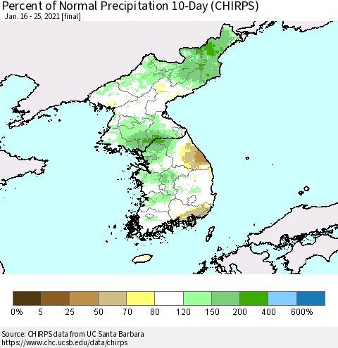 Korea Percent of Normal Precipitation 10-Day (CHIRPS) Thematic Map For 1/16/2021 - 1/25/2021
