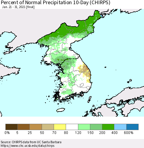 Korea Percent of Normal Precipitation 10-Day (CHIRPS) Thematic Map For 1/21/2021 - 1/31/2021