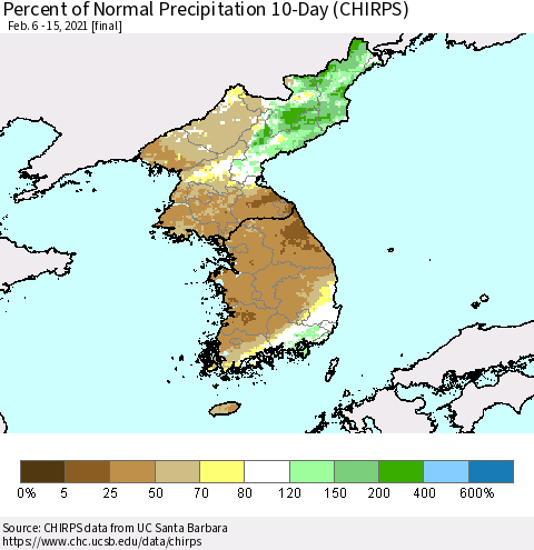 Korea Percent of Normal Precipitation 10-Day (CHIRPS) Thematic Map For 2/6/2021 - 2/15/2021
