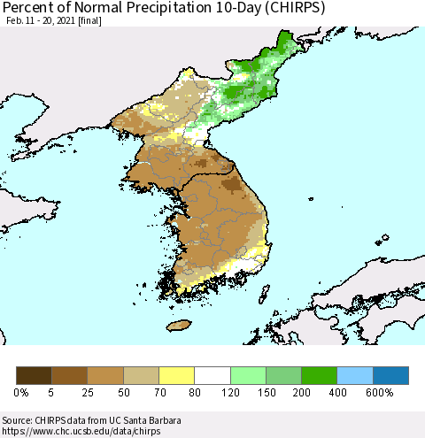 Korea Percent of Normal Precipitation 10-Day (CHIRPS) Thematic Map For 2/11/2021 - 2/20/2021