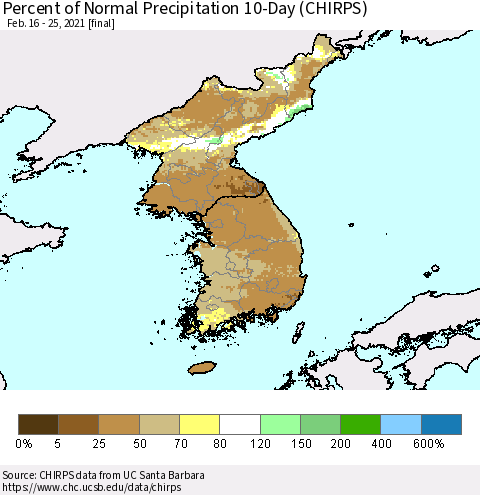 Korea Percent of Normal Precipitation 10-Day (CHIRPS) Thematic Map For 2/16/2021 - 2/25/2021