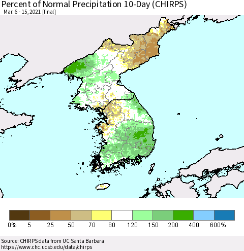 Korea Percent of Normal Precipitation 10-Day (CHIRPS) Thematic Map For 3/6/2021 - 3/15/2021