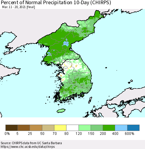 Korea Percent of Normal Precipitation 10-Day (CHIRPS) Thematic Map For 3/11/2021 - 3/20/2021