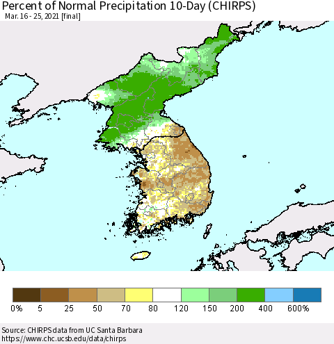 Korea Percent of Normal Precipitation 10-Day (CHIRPS) Thematic Map For 3/16/2021 - 3/25/2021