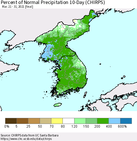 Korea Percent of Normal Precipitation 10-Day (CHIRPS) Thematic Map For 3/21/2021 - 3/31/2021