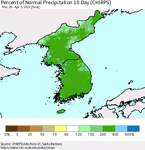 Korea Percent of Normal Precipitation 10-Day (CHIRPS) Thematic Map For 3/26/2021 - 4/5/2021