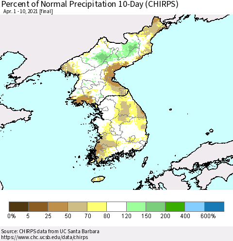 Korea Percent of Normal Precipitation 10-Day (CHIRPS) Thematic Map For 4/1/2021 - 4/10/2021