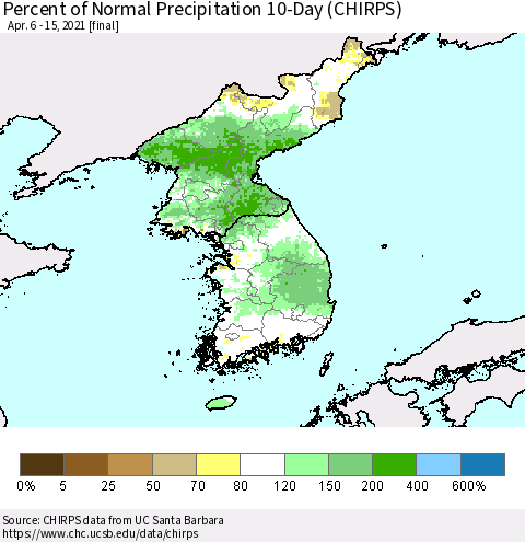 Korea Percent of Normal Precipitation 10-Day (CHIRPS) Thematic Map For 4/6/2021 - 4/15/2021