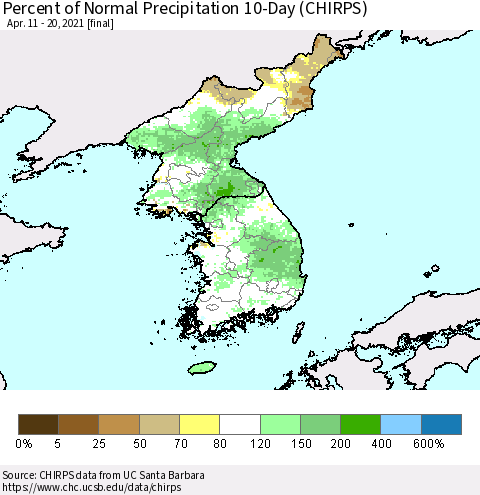 Korea Percent of Normal Precipitation 10-Day (CHIRPS) Thematic Map For 4/11/2021 - 4/20/2021