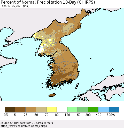 Korea Percent of Normal Precipitation 10-Day (CHIRPS) Thematic Map For 4/16/2021 - 4/25/2021
