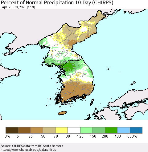 Korea Percent of Normal Precipitation 10-Day (CHIRPS) Thematic Map For 4/21/2021 - 4/30/2021