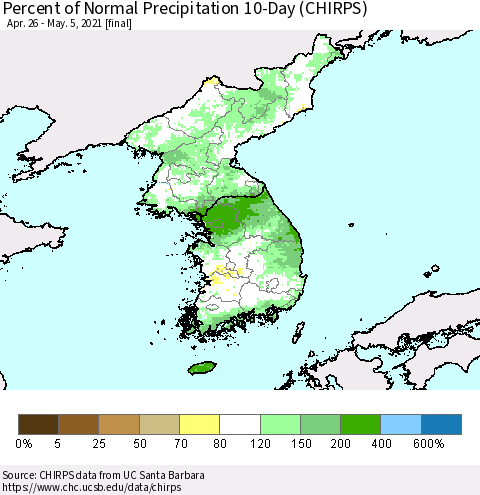 Korea Percent of Normal Precipitation 10-Day (CHIRPS) Thematic Map For 4/26/2021 - 5/5/2021