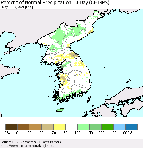 Korea Percent of Normal Precipitation 10-Day (CHIRPS) Thematic Map For 5/1/2021 - 5/10/2021