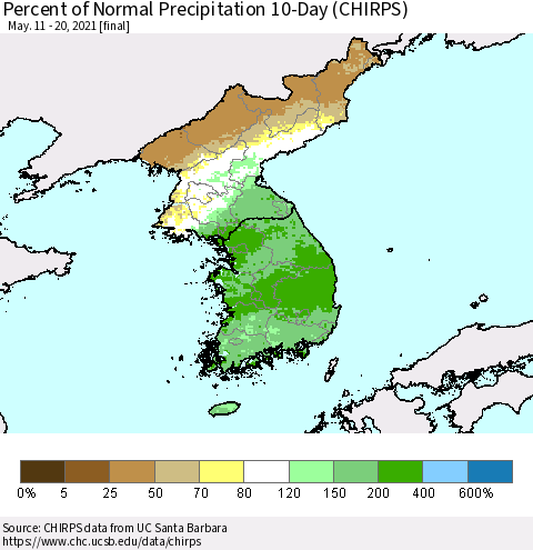 Korea Percent of Normal Precipitation 10-Day (CHIRPS) Thematic Map For 5/11/2021 - 5/20/2021