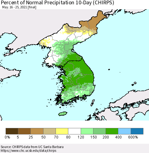 Korea Percent of Normal Precipitation 10-Day (CHIRPS) Thematic Map For 5/16/2021 - 5/25/2021