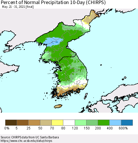 Korea Percent of Normal Precipitation 10-Day (CHIRPS) Thematic Map For 5/21/2021 - 5/31/2021