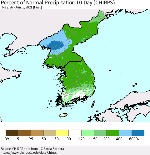 Korea Percent of Normal Precipitation 10-Day (CHIRPS) Thematic Map For 5/26/2021 - 6/5/2021