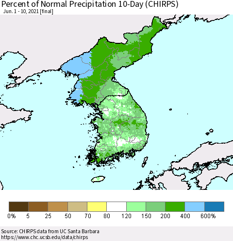 Korea Percent of Normal Precipitation 10-Day (CHIRPS) Thematic Map For 6/1/2021 - 6/10/2021