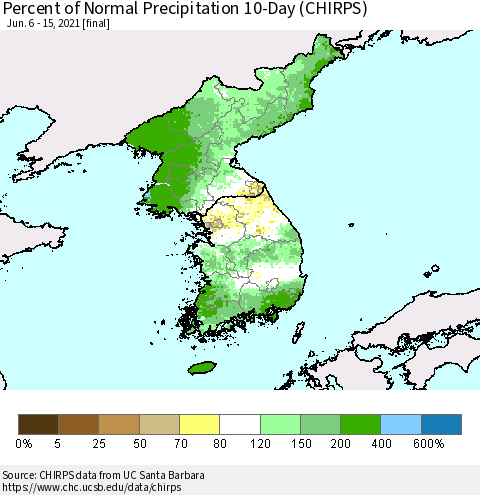Korea Percent of Normal Precipitation 10-Day (CHIRPS) Thematic Map For 6/6/2021 - 6/15/2021