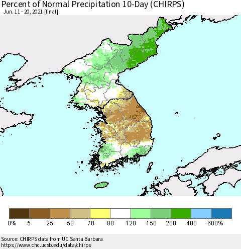 Korea Percent of Normal Precipitation 10-Day (CHIRPS) Thematic Map For 6/11/2021 - 6/20/2021