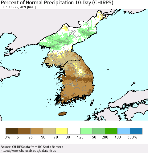 Korea Percent of Normal Precipitation 10-Day (CHIRPS) Thematic Map For 6/16/2021 - 6/25/2021