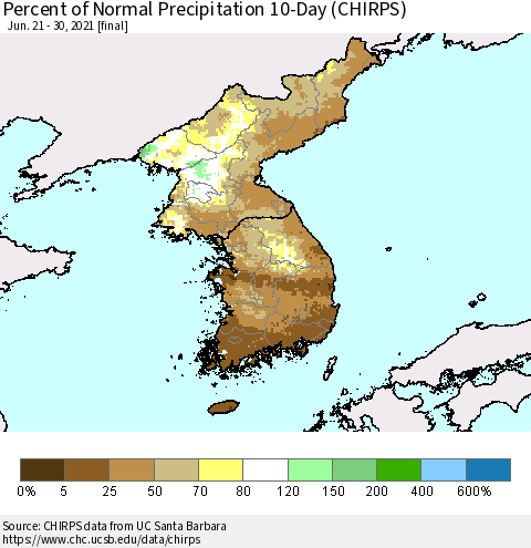 Korea Percent of Normal Precipitation 10-Day (CHIRPS) Thematic Map For 6/21/2021 - 6/30/2021