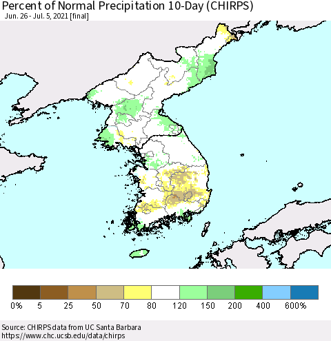 Korea Percent of Normal Precipitation 10-Day (CHIRPS) Thematic Map For 6/26/2021 - 7/5/2021