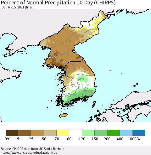 Korea Percent of Normal Precipitation 10-Day (CHIRPS) Thematic Map For 7/6/2021 - 7/15/2021
