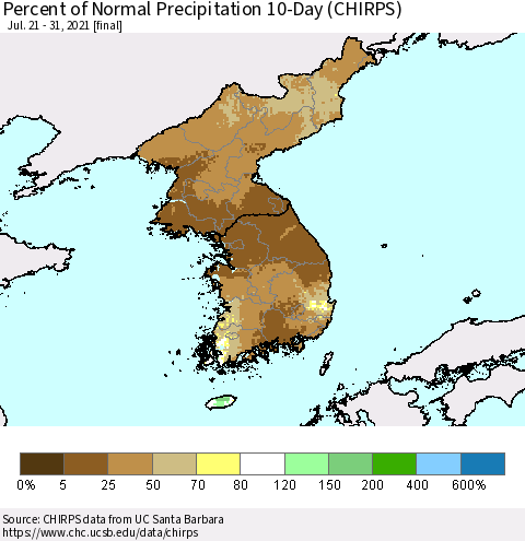 Korea Percent of Normal Precipitation 10-Day (CHIRPS) Thematic Map For 7/21/2021 - 7/31/2021
