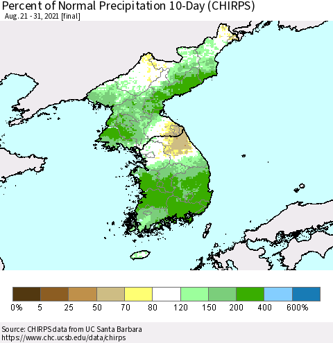 Korea Percent of Normal Precipitation 10-Day (CHIRPS) Thematic Map For 8/21/2021 - 8/31/2021