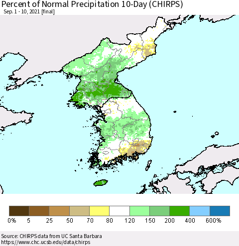 Korea Percent of Normal Precipitation 10-Day (CHIRPS) Thematic Map For 9/1/2021 - 9/10/2021
