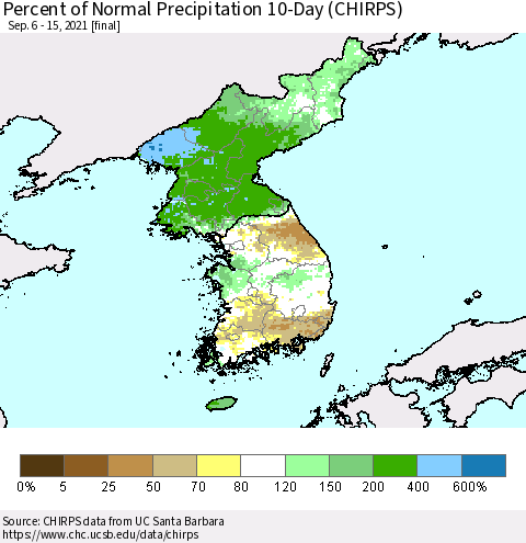 Korea Percent of Normal Precipitation 10-Day (CHIRPS) Thematic Map For 9/6/2021 - 9/15/2021