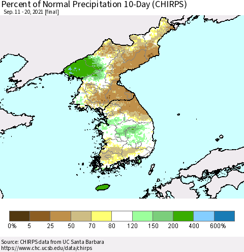 Korea Percent of Normal Precipitation 10-Day (CHIRPS) Thematic Map For 9/11/2021 - 9/20/2021