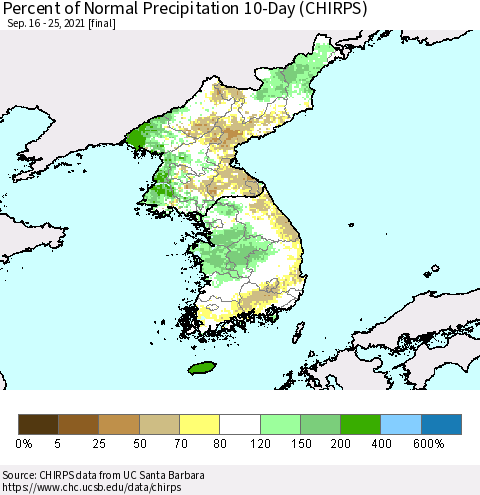 Korea Percent of Normal Precipitation 10-Day (CHIRPS) Thematic Map For 9/16/2021 - 9/25/2021