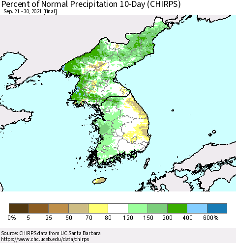 Korea Percent of Normal Precipitation 10-Day (CHIRPS) Thematic Map For 9/21/2021 - 9/30/2021