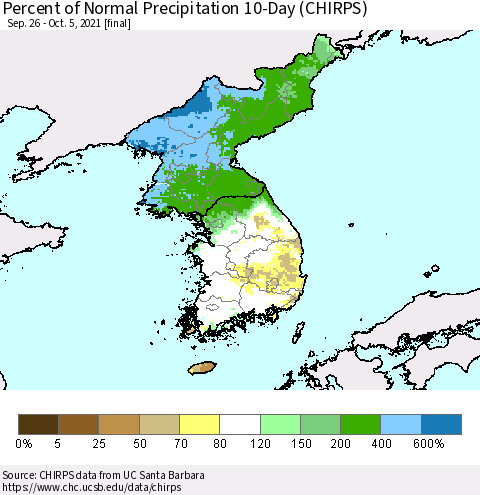 Korea Percent of Normal Precipitation 10-Day (CHIRPS) Thematic Map For 9/26/2021 - 10/5/2021