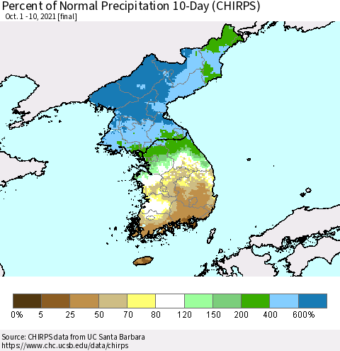 Korea Percent of Normal Precipitation 10-Day (CHIRPS) Thematic Map For 10/1/2021 - 10/10/2021