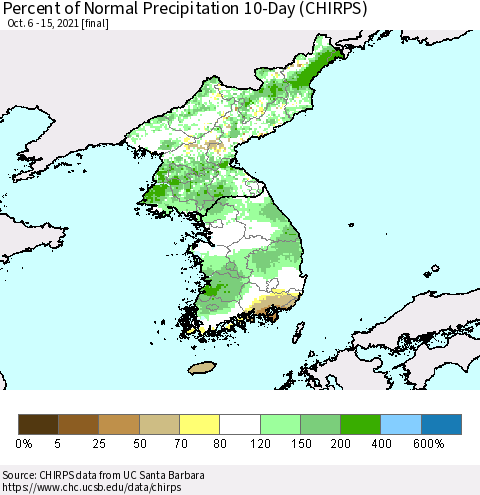 Korea Percent of Normal Precipitation 10-Day (CHIRPS) Thematic Map For 10/6/2021 - 10/15/2021