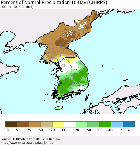 Korea Percent of Normal Precipitation 10-Day (CHIRPS) Thematic Map For 10/11/2021 - 10/20/2021