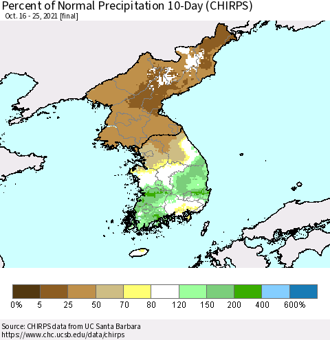 Korea Percent of Normal Precipitation 10-Day (CHIRPS) Thematic Map For 10/16/2021 - 10/25/2021