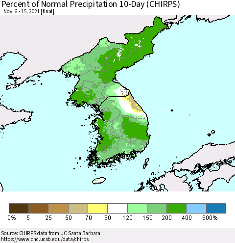 Korea Percent of Normal Precipitation 10-Day (CHIRPS) Thematic Map For 11/6/2021 - 11/15/2021