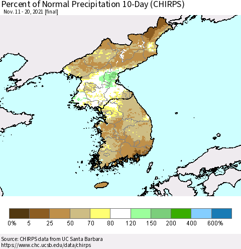 Korea Percent of Normal Precipitation 10-Day (CHIRPS) Thematic Map For 11/11/2021 - 11/20/2021
